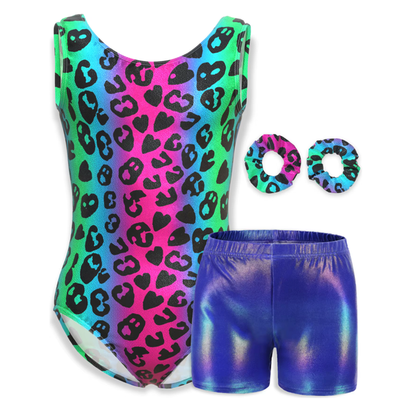 A three-piece gymnastics leotard and shorts set with a bright leopard print design, accompanied by two small scrunchies. The leotard is sleeveless and the shorts are solid shimmery blue/purple.