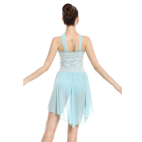 Woman wearing a light blue and white dress on a white background