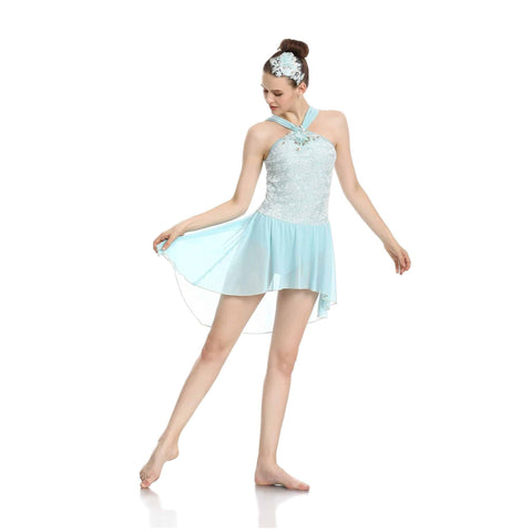 Dancer in a light blue and white lyrical dress on a white background