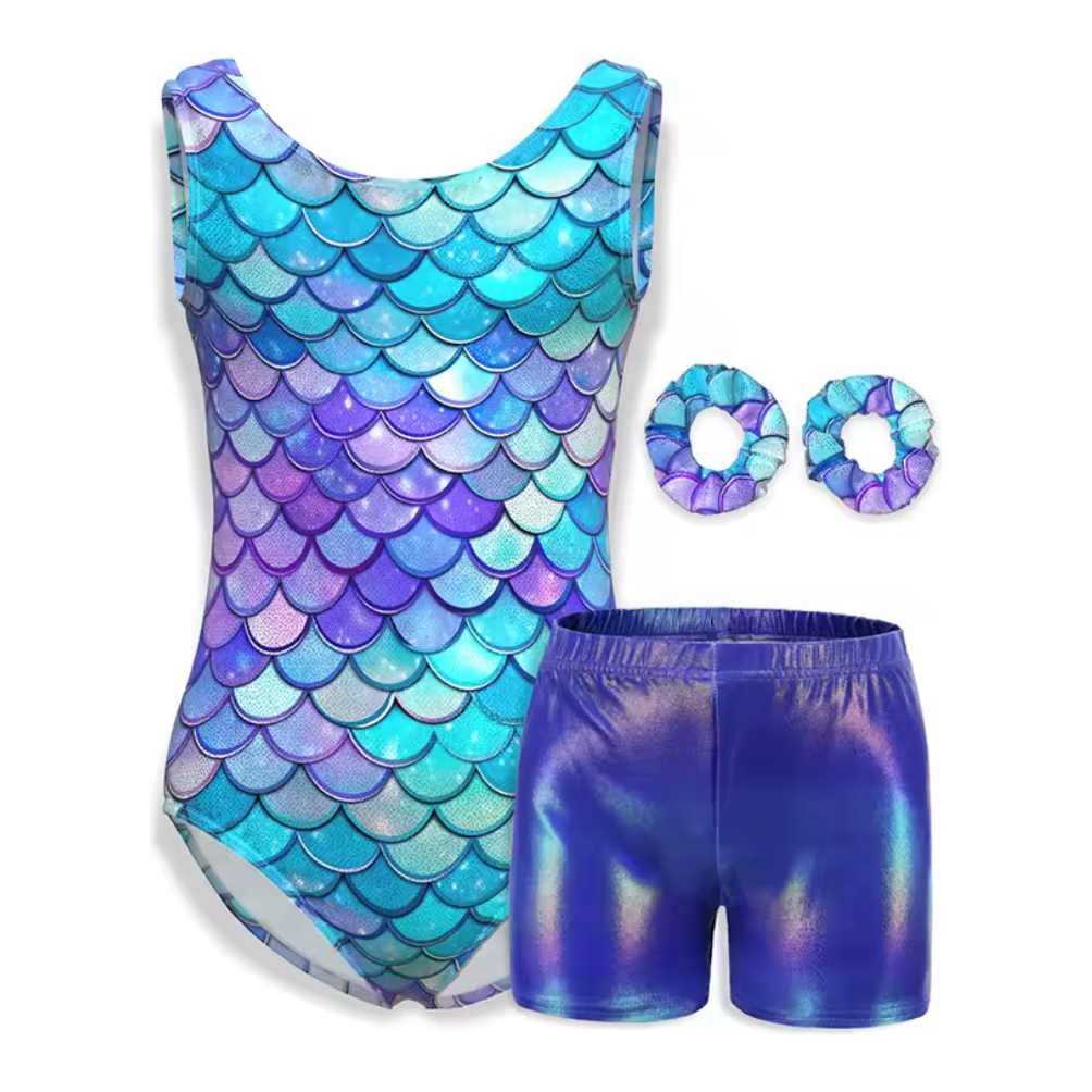 Shiny Mermaid Pattern Gymnastics Leotard & Shorts Set