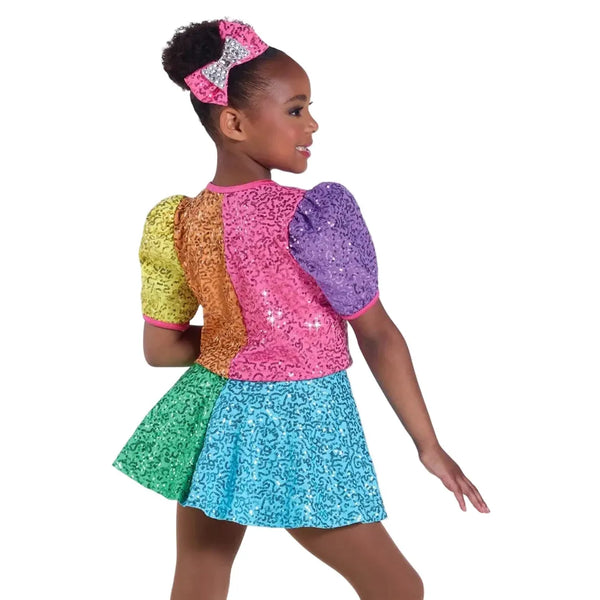 The back of a child wearing Weissman Bop! ColourBlock Sequin Dance Costume