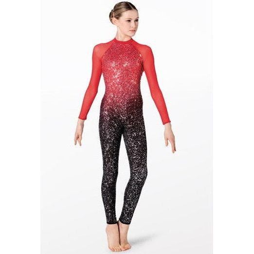 A person wearing a 'Crystallize' Sequin Catsuit with long sleeves and a round neckline, featuring ombré print sequins with a power mesh shoulder and G-hook closure at the back cutout.