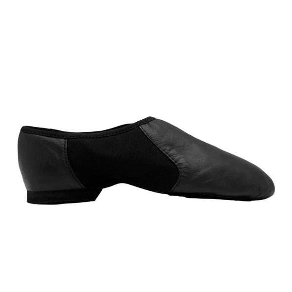 Black split sole jazz shoe with supple leather and neoprene arch support for flexibility and comfort