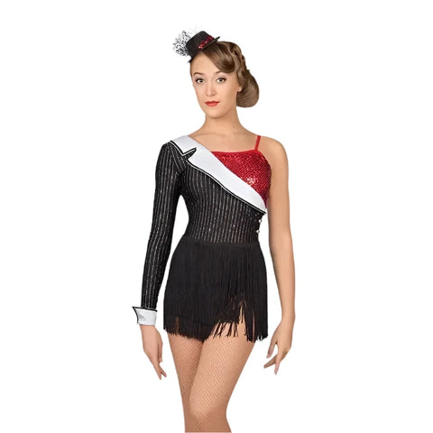 Asymmetric Pinstripe Sequin Fringe Leotard