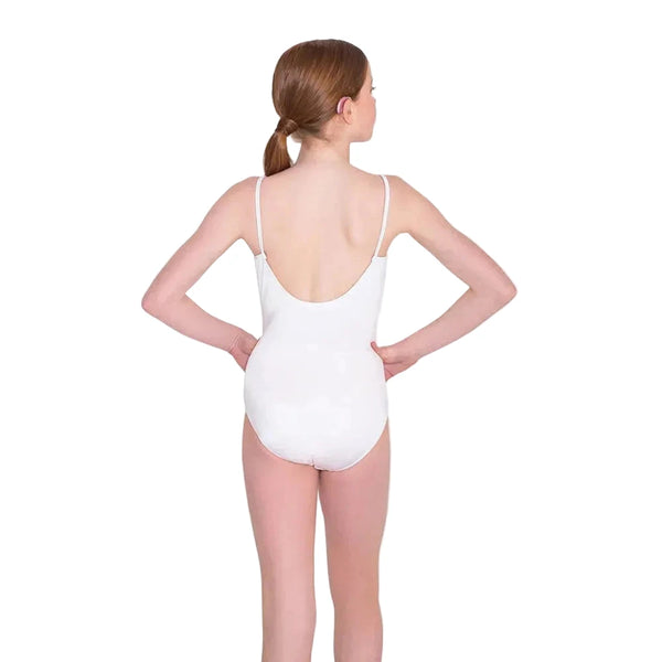 Young dancer wearing a white low back  leotard on a white background
