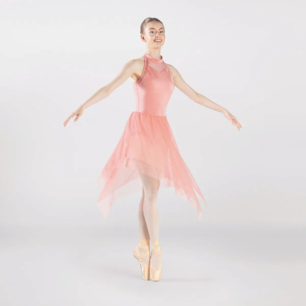 1st Position Asymmetrical Pink Skirted Dance Dress with Back Strap Detail