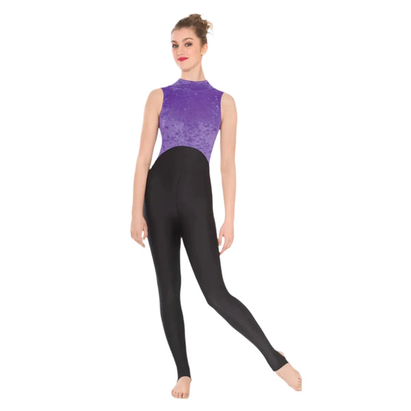 Woman wearing a black and purple catsuit on a white background