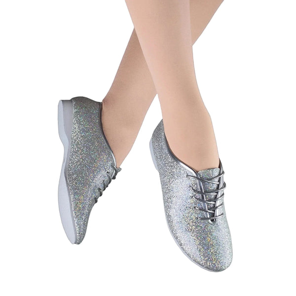 Sparkly glitter hologram jazz shoes with rubber sole and coordinating laces