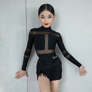 Venny Black Latin Dance Dress Mesh Top & Tassel Skirt Blackfeather Dancewear Venny Black Latin Dance Dress Mesh Top & Tassel Skirt Blackfeather Dancewear