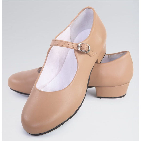 Tan dance shoes with a strap on a white background