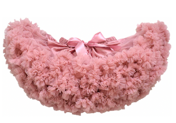 A pink ruffled dance skirt with a satin bow at the top, shown against a plain white background.