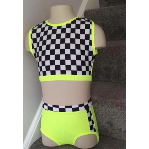 Neon Yellow, Black & White Check Crop Top & Shorts Set - age 6-7