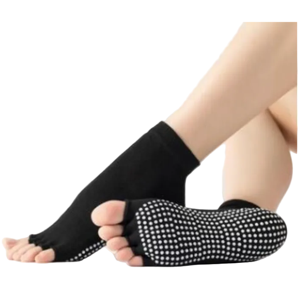 A pair of black toeless non-slip yoga socks with a geometric pattern on the sole, designed to be worn during yoga practices.