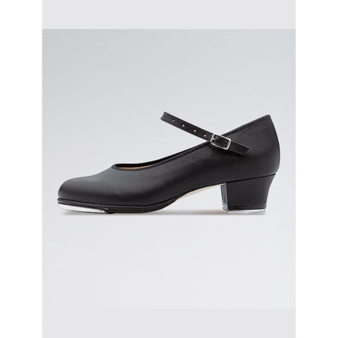 BLOCH Showtapper Black leather cabaret shoe with 1.5-inch heel, elastic strap, cushioned insole, and fitted toe and heel taps.