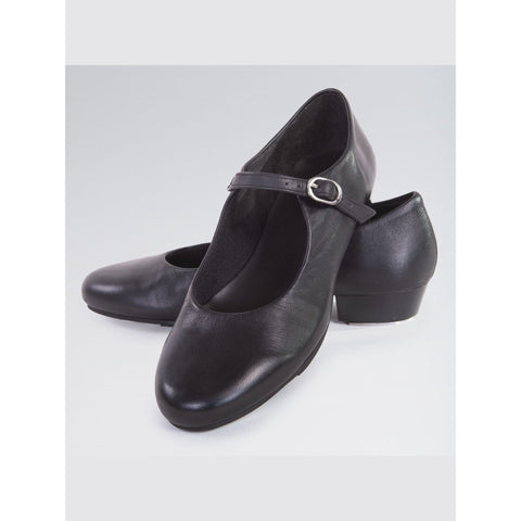 Buckle strap leather upper black tap shoes with 1 inch heel and cushioned insole