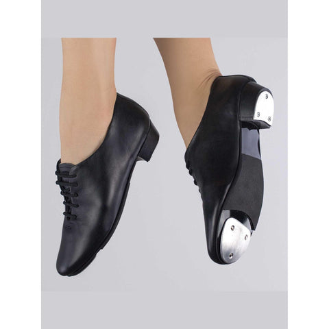 Junior black lace-up leather tap shoes with metal toe and heel taps for beginners and class wear